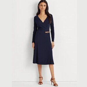 Lauren Ralph Lauren Navy Jersey Wrap Dress Size 2 Brown Leather Buckle